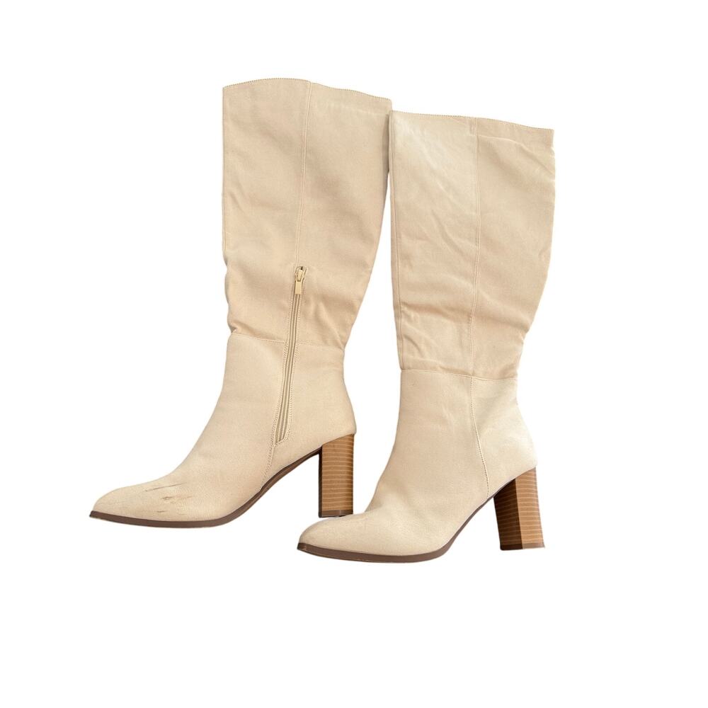 Beige Women Size 9.5 Knee High Boots Chunky Block Heels